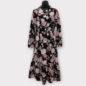 SHEIN Pink & Black Floral Long Sleeve 1/2 Button Front Maxi Dress Size Small